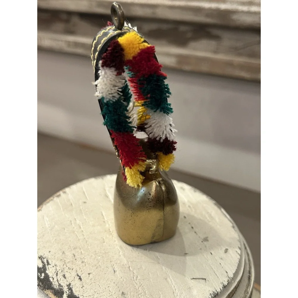 Vintage European Metal Cowbell With‎ Leather Strap, Colorful Fringe